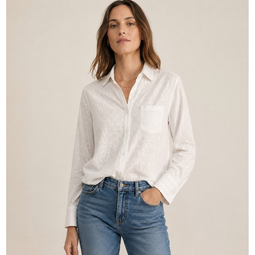 Nili Lotan White Eyelet Cotton Button Down Long Sleeve Blouse M